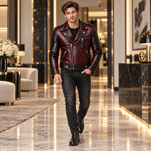 Men's Red Black Solid Genuine Leather Streetwear Winter Moto Biker <b>Jacket</b> <b>Zipper</b> <b>Pockets</b> Slim Fit - Product Image 5