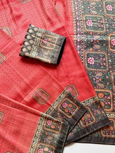 Sari de seda rojo con motivos florales y borde para bodas, ropa tradicional india y pakistaní para mujeres - Product Image 3