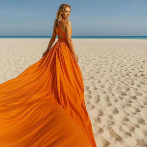 Robe volante orange éclatante pour séance photo à Santorin, élégante robe multi-positions à col halter, robe de soirée de luxe en satin de soie - Product Image 3
