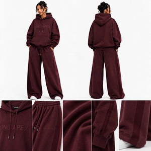 Conjunto Deportivo Unisex ONE APEX Borgoña, Sudadera con Capucha Extra Grande, Pantalones Anchos de Algodón Grueso, Ropa Urbana Premium de Secado Rápido - Product Image 4