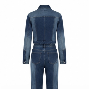 <b>Women</b> Blue Denim <b>Cropped</b> Jacket Patchwork <b>Jeans</b> Set High Waist Wide Leg Pants Two Piece Casual Denim Outfit Wholesale - Product Image 4