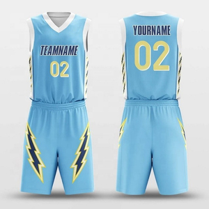 Ensemble d'uniformes de basketball personnalisés SHARISSA par sublimation, unisexe adulte, bleu clair et jaune, motif éclair, respirant, sans couture, fusionné - Product Image 1