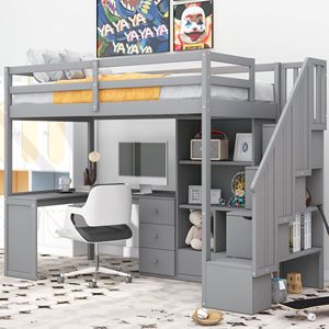Letto a soppalco singolo con scrivania a L e cassetti, armadio contenitore grigio e scala - Mobili per bambini - Product Image 1