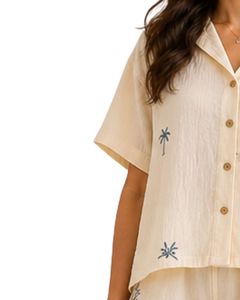 Ensemble de pyjama pour femmes personnalisé, imprimé beige, manches courtes, boutonné, vêtements de nuit doux et respirants, vêtements de détente décontractés pour l'été - Product Image 3