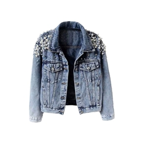 Chaqueta vaquera de talla grande para mujer, con adornos, efecto lavado, con tachuelas, rasgada, informal, con botones frontales y manga larga - Product Image 3