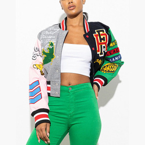 Unique Design Lightweight Cotton Knitted Women's Winter Letterman Jacket Covered Buttons Customizable Crop <b>Top</b> Waterproof - Product Image 1