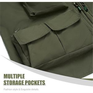 Men's Olive Green Multi Pocket V-neck <b>Utility</b> <b>Vest</b> Breathable Zipper Closure Casual Outdoor Wear - Product Image 5