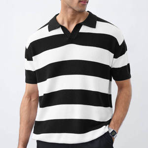 Men's <b>Striped</b> Knitted Polo <b>Shirt</b> Short Sleeve Casual <b>Black</b> <b>White</b> Regular Fit - Product Image 2