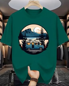 Men's Green T-Shirt With Van And Mountain Scene Print Short Sleeve O-Neck Casual Design - Product Image 1