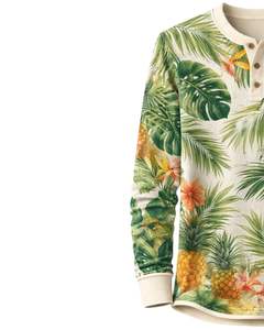 <b>Mens</b> Tropical Print Henley <b>Shirt</b> <b>White</b> And Green Floral Long Sleeve Button Placket Casual Summer Beach Style Fashion Top - Product Image 3
