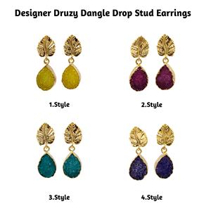 Pendientes colgantes hechos a mano con piedras preciosas Druzy púrpura, forma de pera chapada en oro con diseño de hoja, tachuelas de moda elegantes - Product Image 2