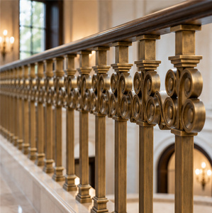 Rampe en bronze vintage avec balustres à médaillons circulaires assortis et poteaux tournés, main courante et balustrade en métal - Product Image 3