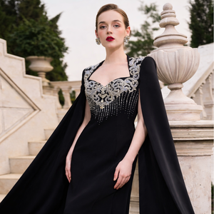 Robe maxi élégante à manches cape |   Robe de soirée longue de luxe |   Robe de invitée de mariage modeste avec cape fluide - Product Image 5