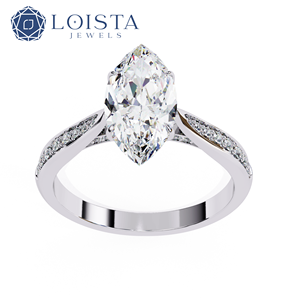 Bague de mariage solitaire en diamant taille marquise cultivé en laboratoire avec diamants latéraux, diamant créé en laboratoire certifié IGI - Product Image 2