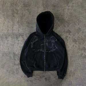 Streetwear Custom Logo Color Block Washed Distressed Vintage Acid Washed Embroidery Patchwork Patches Spider Hoodie 100% Cotton - Product Image 1