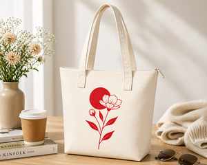 AMANI 300GSM White Canvas <b>Tote</b> Bag Eco Friendly Reusable Shopping Bag Custom Logo <b>Zip</b> Closure Heavy Duty Floral Red Petals - Product Image 5