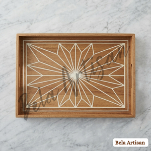 Bandeja de Servir Moderna Hecha a Mano con Incrustaciones de Madera y Patrón Geométrico para Decoración de Bodas, Ramadán y Diwali, con Asas - Product Image 3