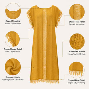 Robe Kaftan Midi Femme Moutarde avec Franges et Panneaux Transparents Légère Style Bohème pour l'Été, la Plage, les Vacances, Tenue Décontractée ou Tunique de Plage - Product Image 5