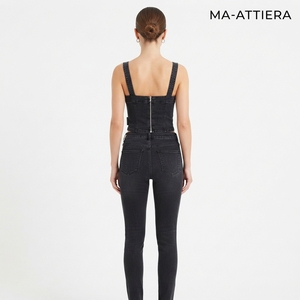 Ensemble corset en jean noir et jean skinny pour femme, fermeture éclair sur le devant, tenue décontractée deux pièces, style streetwear assorti - Product Image 2