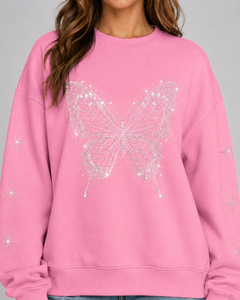 Sudadera Rosa Oversize para Mujer, Forrada para Invierno, Antiencogimiento, con Pedrería y Lentejuelas de Mariposa, Cuello Redondo, Hombros Caídos, Manga Regular - Product Image 6