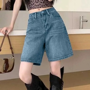 Women's Light Blue Dark Blue Black White Grey Boot Cut Knee-Length Vintage Cotton Denim Shorts Hand-painted Ripped - Product Image 6