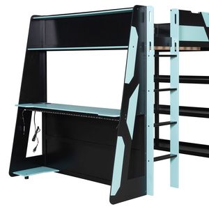 Full Size <b>Gaming</b> Loft Bed with Desk Shelves and LED <b>Lights</b> in Black & Blue - Product Image 6