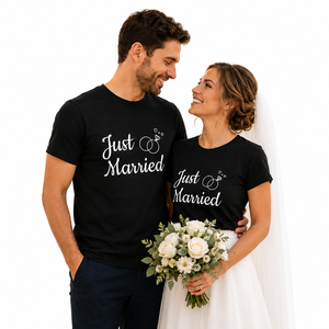 Just Married Couple T-Shirt Black Cotton Crew Neck Short Sleeve Printed Wedding Tee Unisex Regular Fit Casual Jersey Fabric - Product Image 1