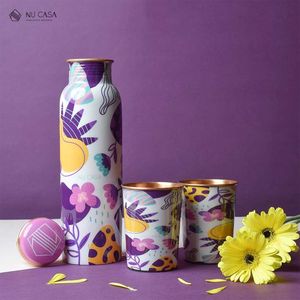 Botella de agua de cobre pintada a mano, frasco ayurvédico para la salud, recipiente reutilizable para bebidas, para yoga, deportes, viajes, diseño de mandala azul, pedido al por mayor - Product Image 2