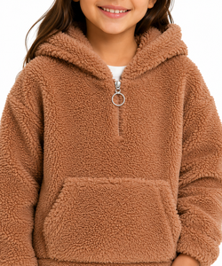 Sweat-shirt à capuche en polaire douce pour filles, style Teddy Sherpa, chaud, avec demi-zip, poche kangourou et manches longues, idéal pour l'hiver - Product Image 4