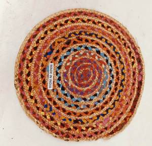 Handmade round jute cotton <b>placemat</b> with Multicolour edging perfect farmhouse table decor Natural durable eco-conscious dining - Product Image 4
