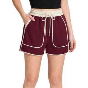Burgundy Womens Athletic <b>Lounge</b> <b>Shorts</b> With Contrast Piping Elastic Drawstring Waist Casual Gym Running Workout Fitness Summer - Product Image 1