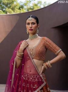 Elegant <b>Red</b> and Orange Beaded Silk <b>Saree</b> with V-Neck Crop Top and Organza Dupatta Moisture Wicking for Bridesmaid 2992-A - Product Image 1