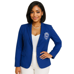 Blazer bleu Zeta Phi Beta pour femme, veste formelle de sororité grecque avec écusson brodé, coupe ajustée pour le bureau - Product Image 1