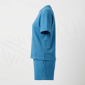 Ensemble décontracté 2 pièces pour femme en tricot bleu uni, t-shirt à manches courtes et short au-dessus du genou, coupe ample, respirant, pour le printemps et l'été - Product Image 3
