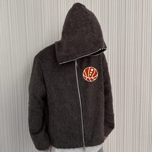 Custom Men Mohair <b>Zip</b> <b>up</b> Hoodie Fuzzy Long Sleeve Knitwear Winter Knitted <b>Cardigan</b> Sweater - Product Image 4