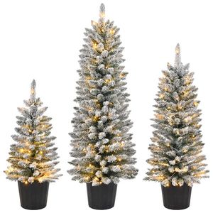 Set of 3 Pre-Lit Artificial Christmas Trees with 50/100/150 Warm Lights Battery Operated 3/4/5 FT Snow Flocked Pot Stands - Product Image 1