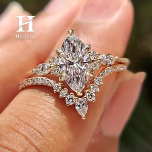 Juego de Anillos de Boda de Lujo con Corte Marquesa, 2 Piezas, Banda de Corona Entrelazada, Oro Amarillo de 10K y 14K, Joyería Personalizada - Product Image 3