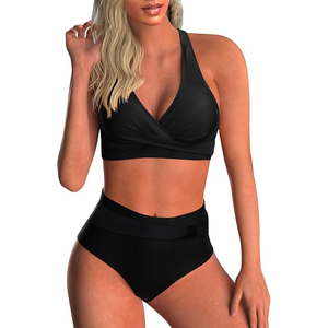 Conjunto de bikini para mujer, top cruzado con cuello halter, parte inferior de cintura alta, traje de baño negro liso, ropa de playa de dos piezas - Product Image 1