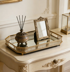 Nordic Luxury Square Metal <b>Mirror</b> Tray Elegant Gold Frame Antique Shiny Vanity Tray for Home Kitchen Made in India - Product Image 4