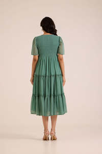 Vestido Midi de Gasa con Cuello en V, Dobladillo con Volantes en Capas, Estilo Bohemio Holgado, Manga Corta, Color Sólido, para Uso Diario en Verano - Product Image 3