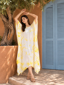 Yellow Tie Dye Chiffon <b>Kaftan</b> <b>Dress</b> Maxi Loose Fit Asymmetrical Hem Summer Casual Wear O-Neck Cap Sleeve - Product Image 5