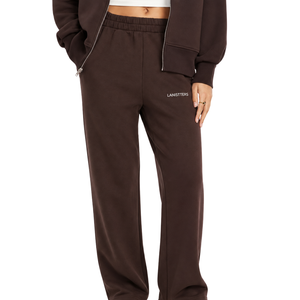 Women Dark Brown Fleece Sweatpants Elastic Waist Straight Leg Relaxed Fit Casual <b>Winter</b> Lounge <b>Trousers</b> with Pockets - Product Image 1