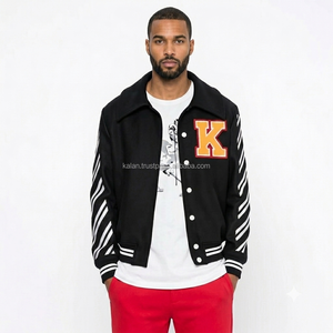 Men's Black Varsity <b>Jacket</b> <b>With</b> Embroidered K Logo Striped Sleeves Turn-down Collar Polyester Shell Satin <b>Lining</b> Autumn <b>Jacket</b> - Product Image 2