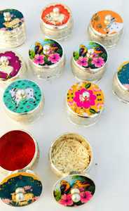Luxury Handmade Silver Haldi Kumkum Dabbi Set with Designer Printed Lids Traditional Roli Chawal Container Pooja Kumkum <b>Box</b> - Product Image 2