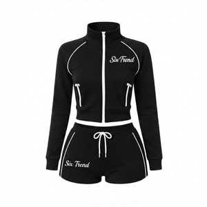 Ensemble de survêtement rayé court pour femme en polyester/coton, deux pièces, veste zippée et short assorti, grandes tailles, été, vente en gros, logo personnalisé - Product Image 4