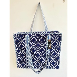 Canvas <b>Tote</b> <b>Bag</b> <b>Navy</b> Blue White Solid Bohemian Style Embroidery Zipper Closure Open Top Cotton Lining for Daily Travel Shopping - Product Image 4