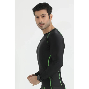 SIRIUS SPORTS Men's <b>Black</b> Compression <b>Long</b> <b>Sleeve</b> Crew Neck <b>Top</b> Green Contrast Stitch Breathable Seamless Quick Dry Spandex - Product Image 6