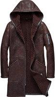 Manteau long en cuir de mouton marron pour homme, chaud pour l'hiver, écologique, respirant, à séchage rapide, avec capuche, doublure en laine, fermeture éclair