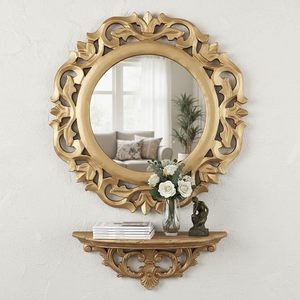 Miroir mural rond vintage doré, ornement décoratif en métal, miroir encadré de fleurs, décoration suspendue pour l'entrée de la maison - Product Image 3