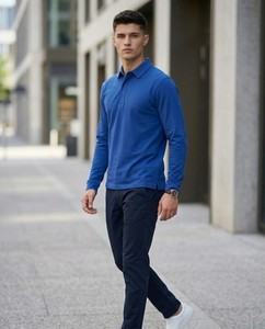 Polo en maille à manches longues pour homme, couleur unie personnalisée, style décontracté chic, respirant, avec poche, coupe classique, conception OEM - Product Image 1